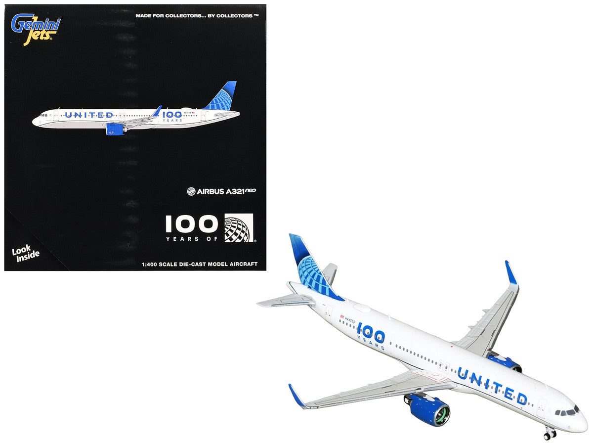 Airbus A321neo Commercial Aircraft "United Airlines 100 Years" (N44550) White with Blue Tail 1/400 Diecast Model Airplane by GeminiJets LuxuryLifeWay Online Store