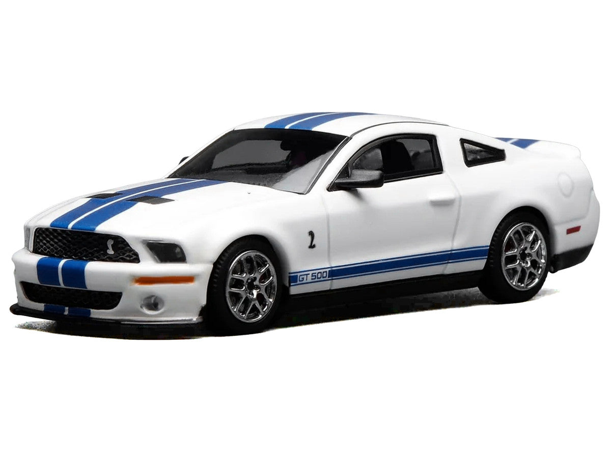 2007 Ford Mustang Shelby GT500 Performance White with Blue Stripes 1/64 Diecast Model Car by MotorHelix & Greenlight LuxuryLifeWay Online Store