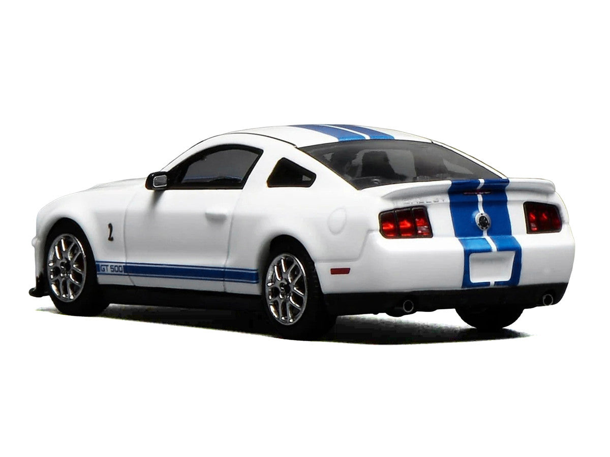 2007 Ford Mustang Shelby GT500 Performance White with Blue Stripes 1/64 Diecast Model Car by MotorHelix & Greenlight LuxuryLifeWay Online Store