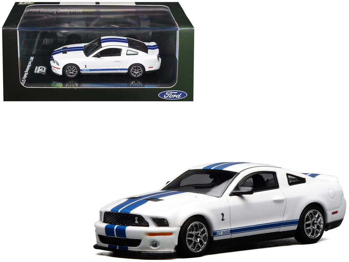 2007 Ford Mustang Shelby GT500 Performance White with Blue Stripes 1/64 Diecast Model Car by MotorHelix & Greenlight LuxuryLifeWay Online Store