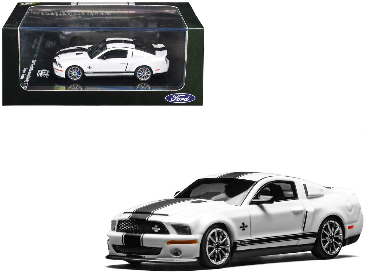 2007 Ford Mustang Shelby GT500 Super Snake Performance White with Matt Black Stripes 1/64 Diecast Model Car by MotorHelix & Greenlight LuxuryLifeWay Online Store