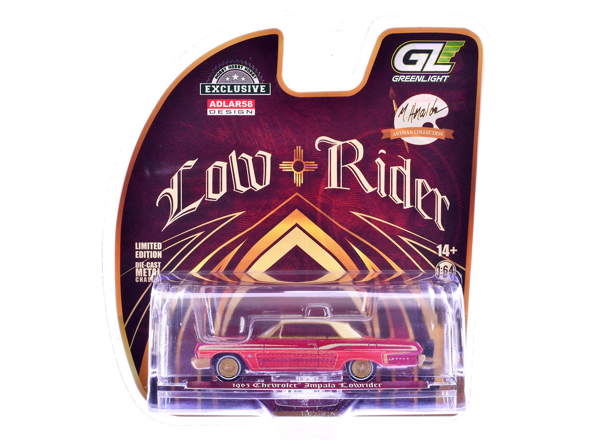1963 Chevrolet Impala Lowrider "Michael Heralda Special Edition" Red Metallic with Cream Top and Interior with Gold Graphics "Hobby Exclusive" Series 1/64 Diecast Model Car by Greenlight LuxuryLifeWay Online Store