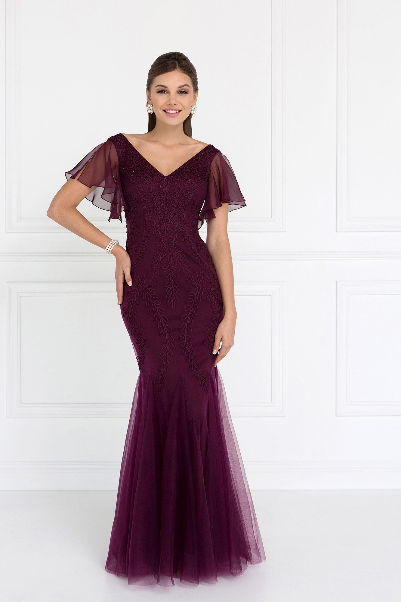 Tulle V-Neck Trumpet Long Dress with Short Sleeves LuxuryLifeWay Online Store