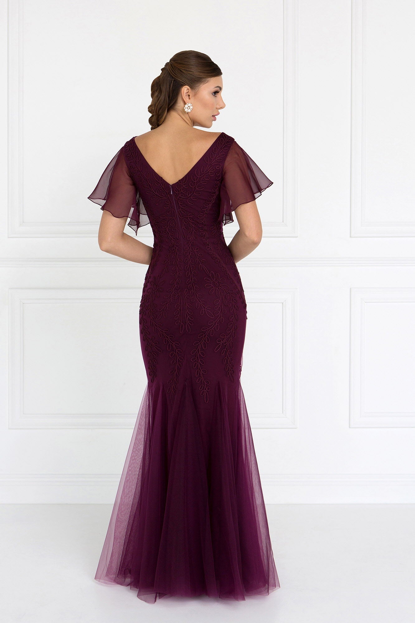 Tulle V-Neck Trumpet Long Dress with Short Sleeves LuxuryLifeWay Online Store