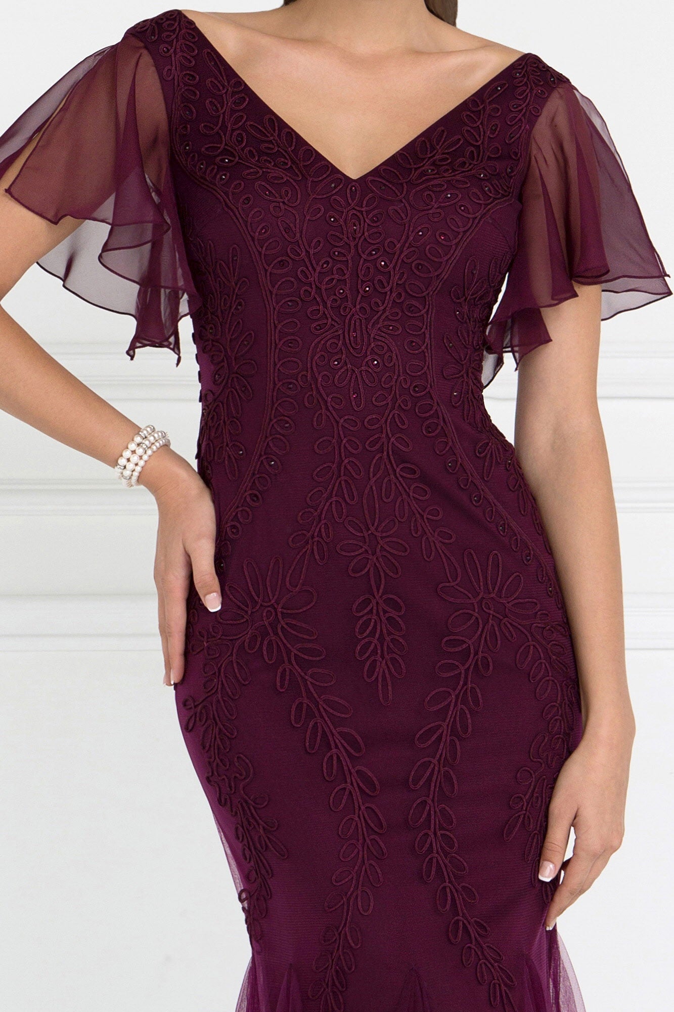 Tulle V-Neck Trumpet Long Dress with Short Sleeves LuxuryLifeWay Online Store