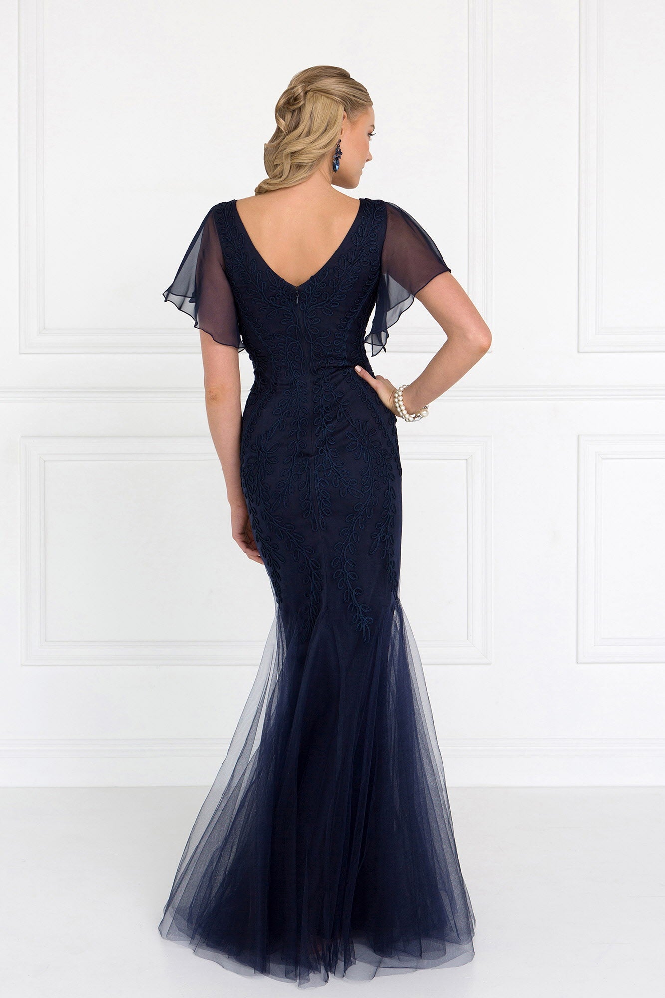 Tulle V-Neck Trumpet Long Dress with Short Sleeves LuxuryLifeWay Online Store