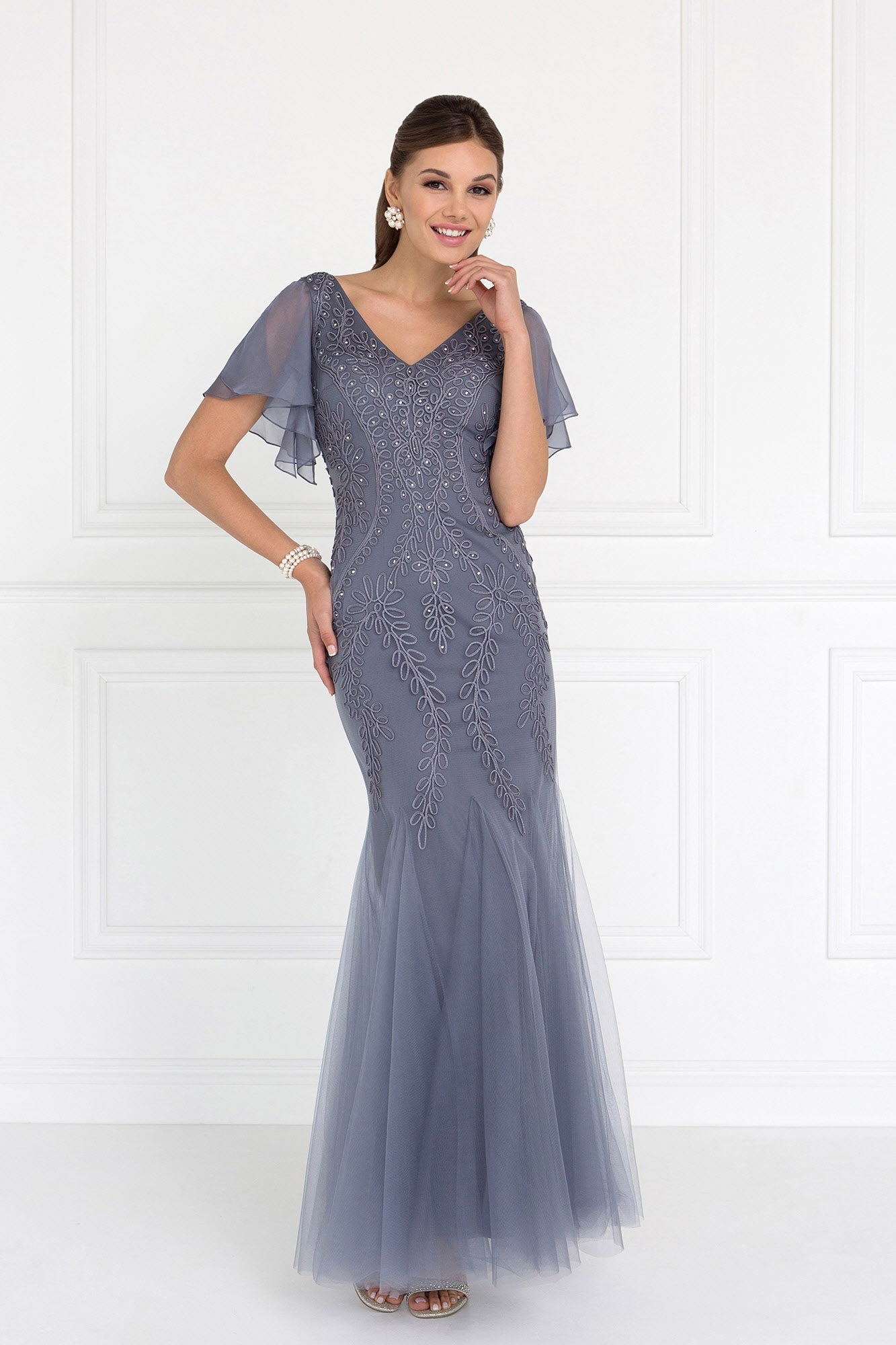 Tulle V-Neck Trumpet Long Dress with Short Sleeves LuxuryLifeWay Online Store