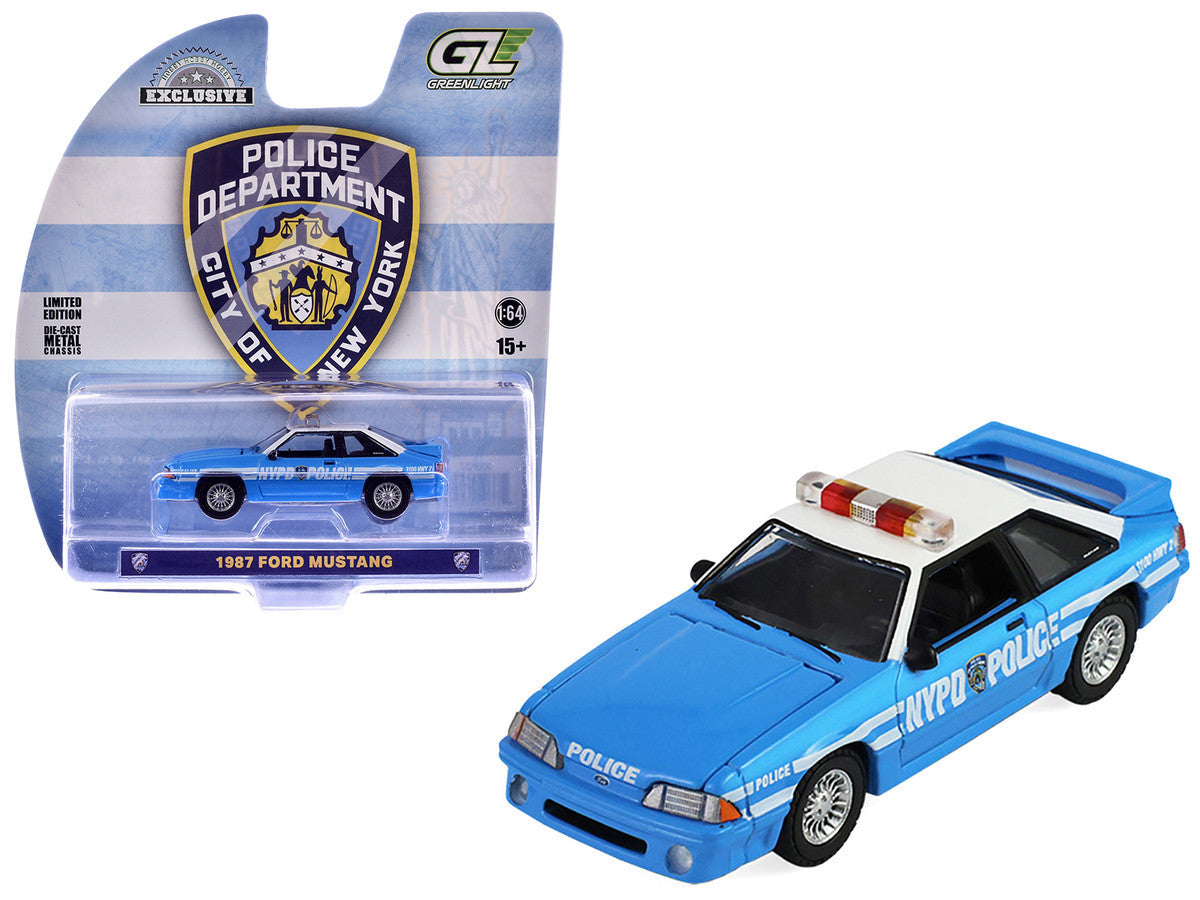 1987 Ford Mustang "New York City Police Department (NYPD)" Blue with White Top "Hobby Exclusive" Series 1/64 Diecast Model Car by Greenlight LuxuryLifeWay Online Store