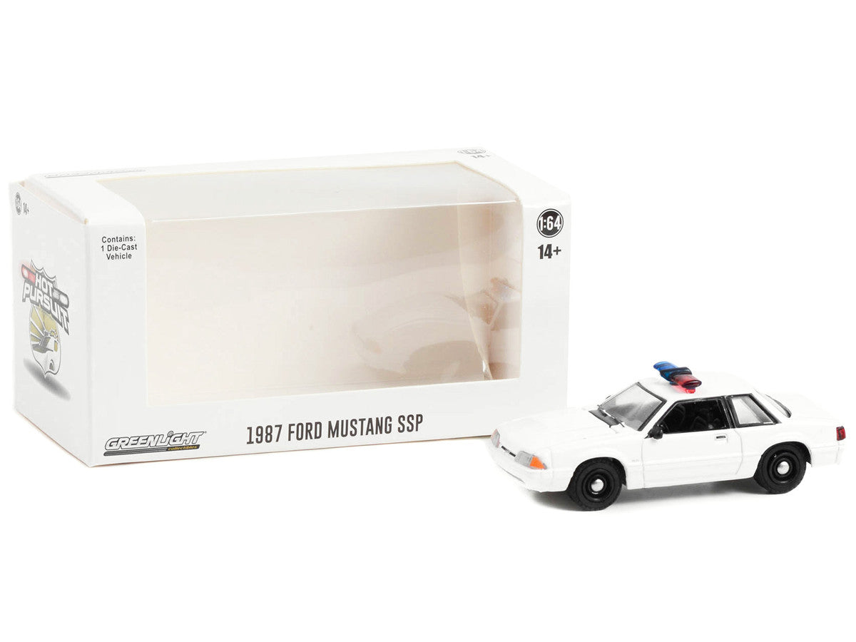 1987-1993 Ford Mustang SSP White Police Car with Light Bar "Hot Pursuit" "Hobby Exclusive" Series 1/64 Diecast Model Car by Greenlight LuxuryLifeWay Online Store