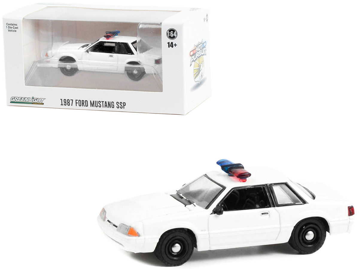 1987-1993 Ford Mustang SSP White Police Car with Light Bar "Hot Pursuit" "Hobby Exclusive" Series 1/64 Diecast Model Car by Greenlight LuxuryLifeWay Online Store