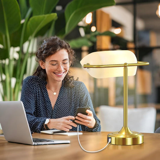 Vintage USB Bankers Lamp Desk Light with Gold Base and White Shade LuxuryLifeWay Online Store