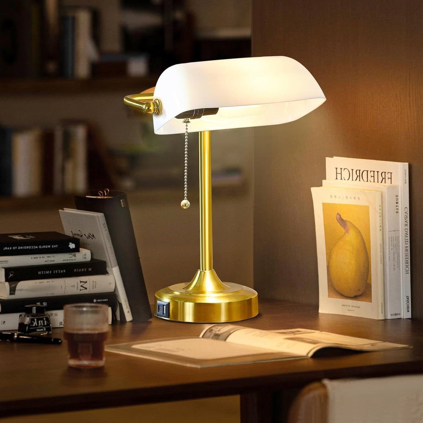 Vintage USB Bankers Lamp Desk Light with Gold Base and White Shade LuxuryLifeWay Online Store