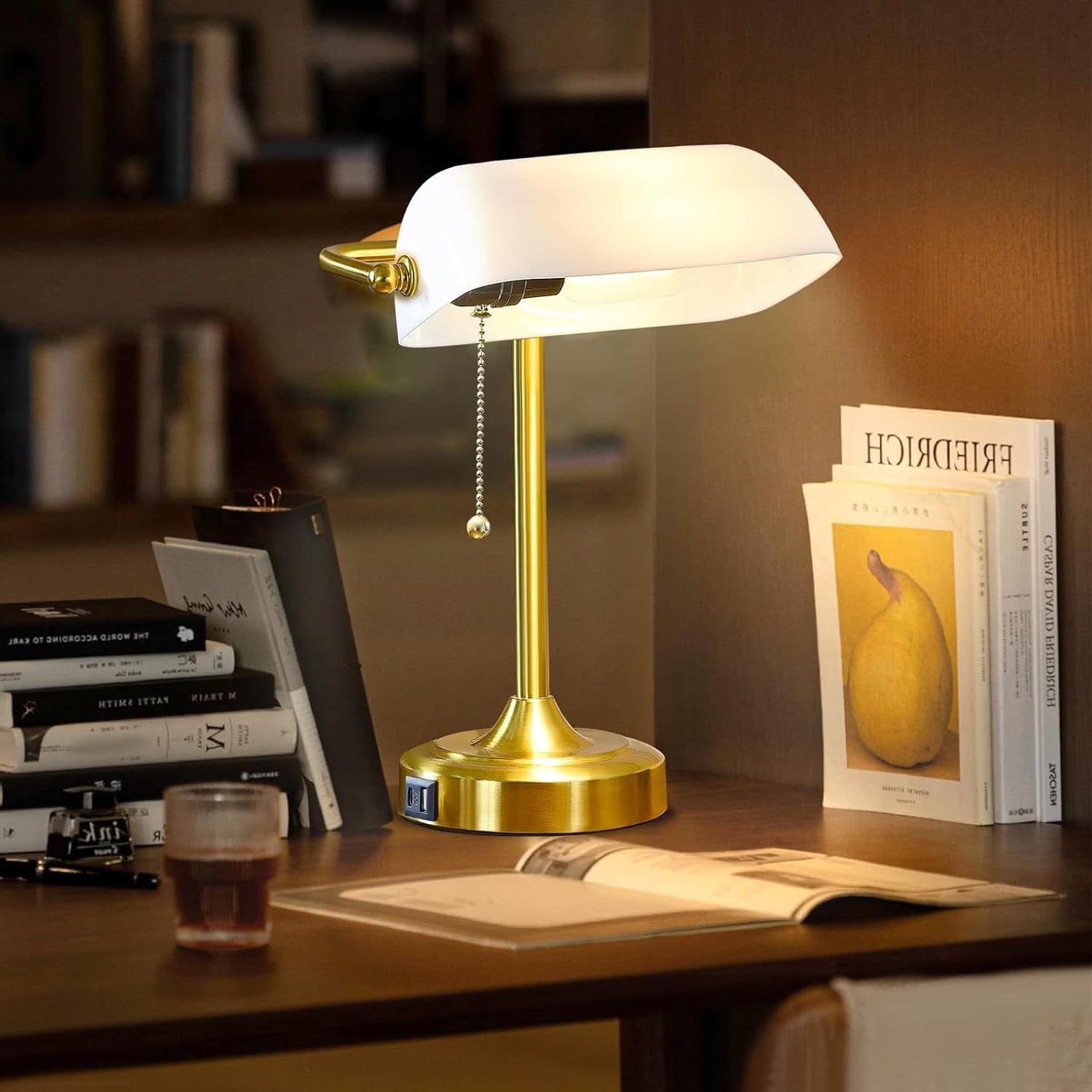 Vintage USB Bankers Lamp Desk Light with Gold Base and White Shade LuxuryLifeWay Online Store