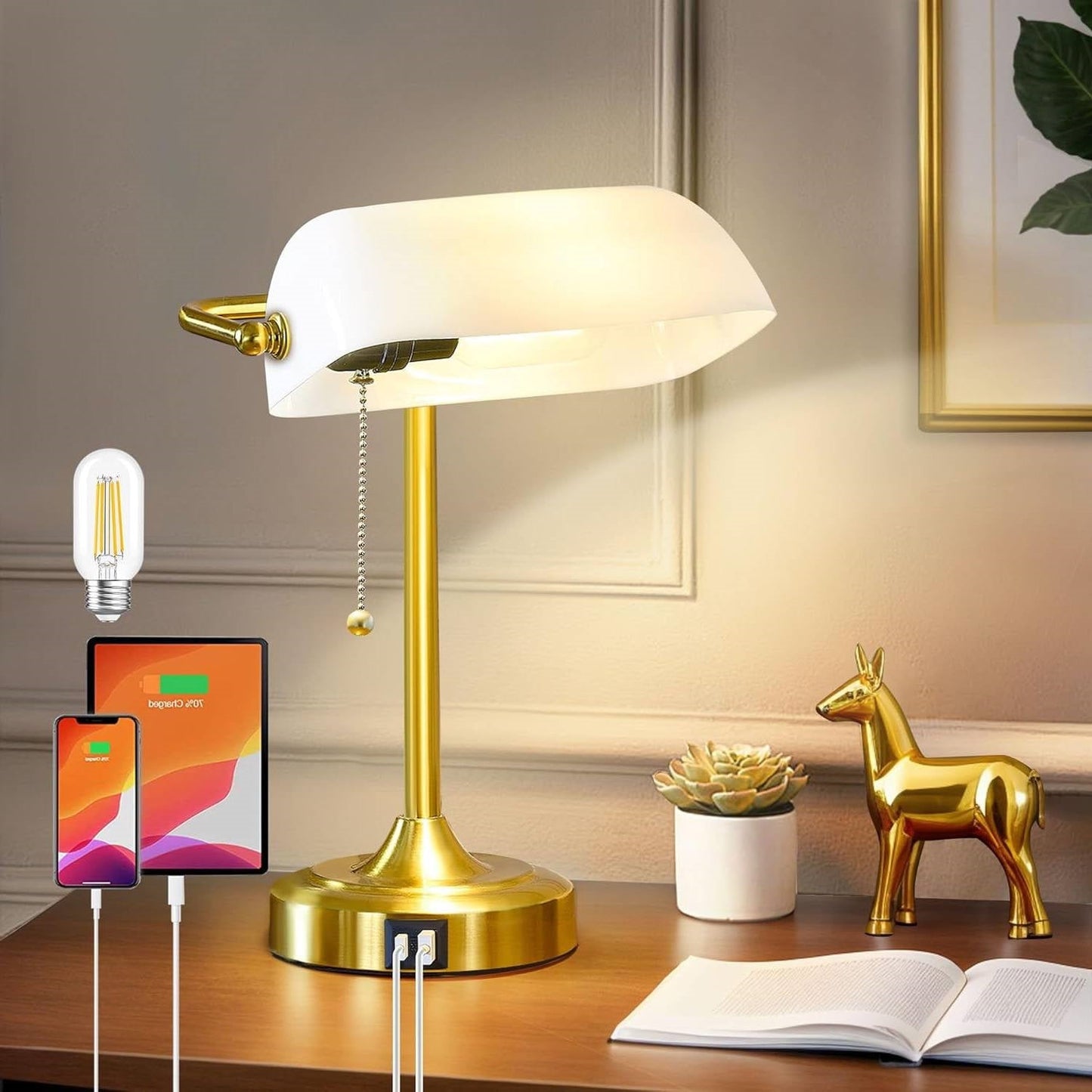 Vintage USB Bankers Lamp Desk Light with Gold Base and White Shade LuxuryLifeWay Online Store