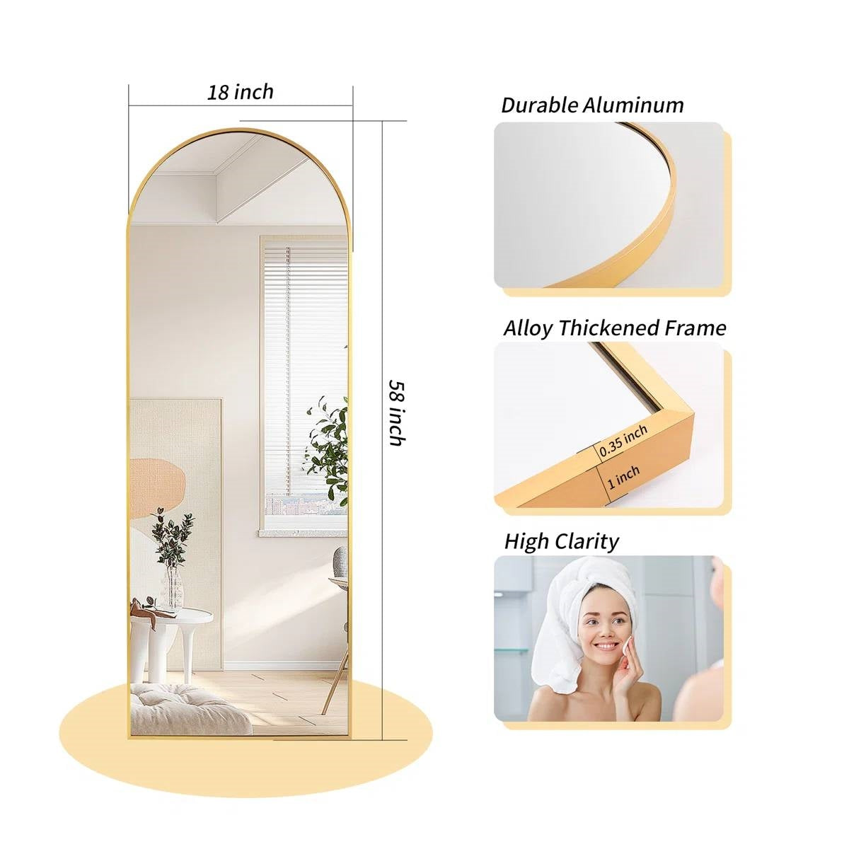Gold 58-inch Full Length Arched Floor Mirror with Stand and Wall Hanging Screws LuxuryLifeWay Online Store