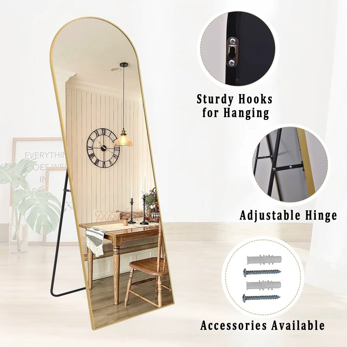 Gold 58-inch Full Length Arched Floor Mirror with Stand and Wall Hanging Screws LuxuryLifeWay Online Store
