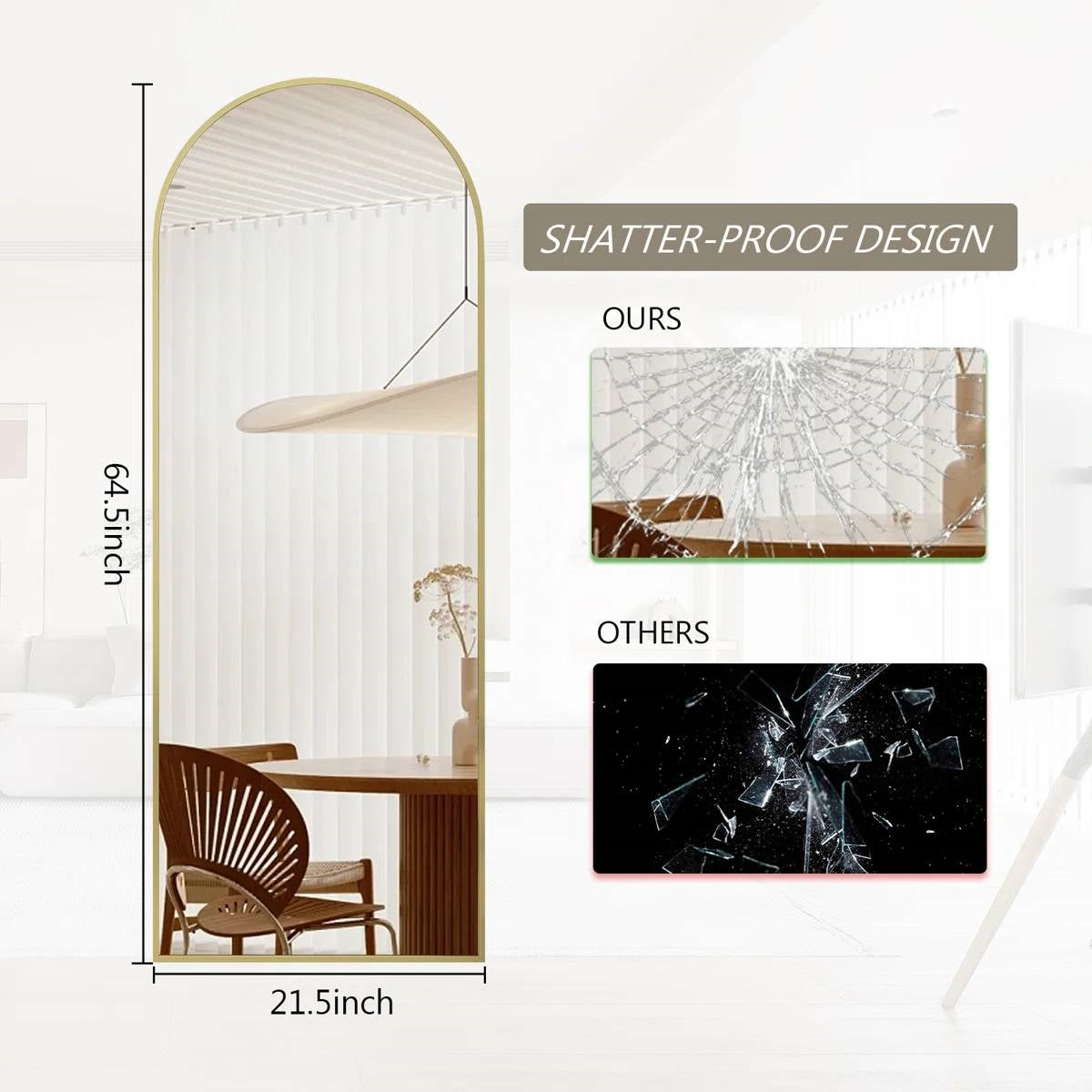 Gold 64-inch Full Length Arched Floor Mirror with Stand and Wall Hanging Screws LuxuryLifeWay Online Store