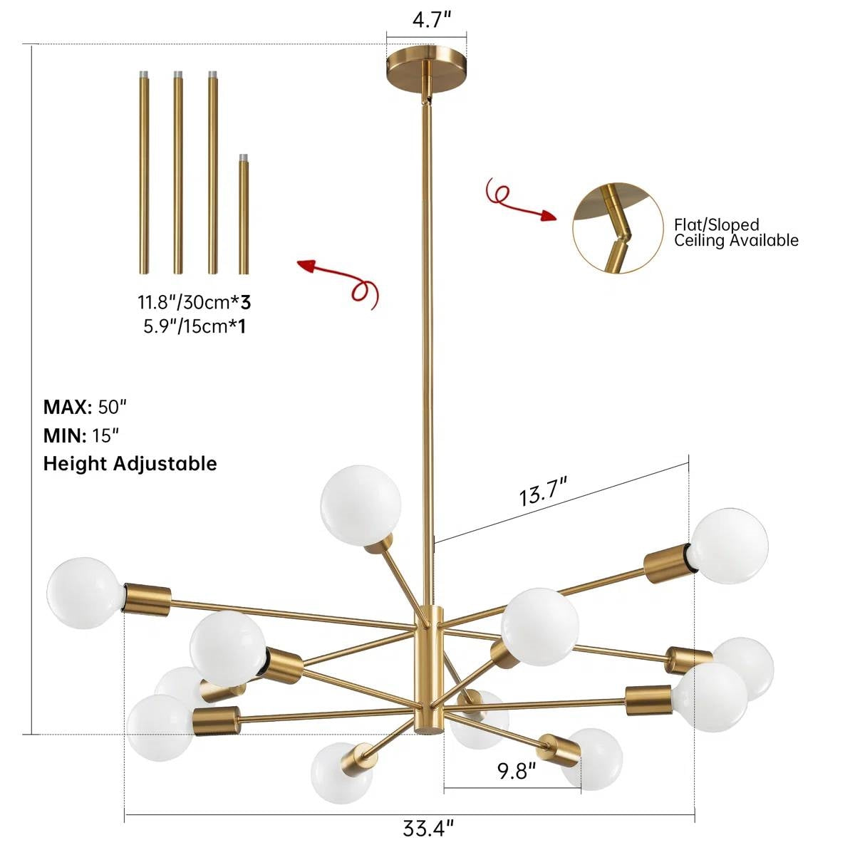 Gold 33-inch Modern 12-Light Dimmable Sputnik Chandelier Lamp LuxuryLifeWay Online Store