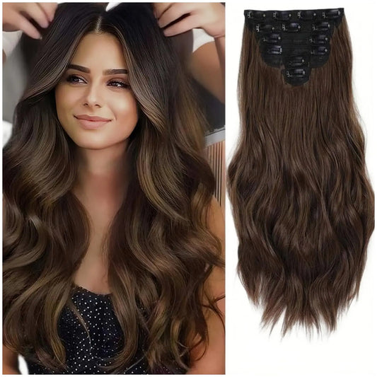 REAUTCOORS Clip in Hair Extensions Long Wavy Synthetic Hair Extension22 Inch 6PCS Chocolate brown (220G 4#Chocolate brown)