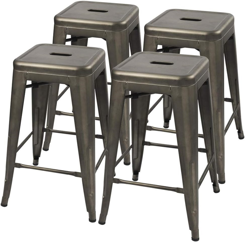 Set of 4 - 24-in. Indoor/Outdoor Backless Stacking Gunmetal Grey Metal Barstools LuxuryLifeWay Online Store