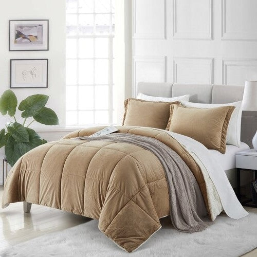 Queen Plush Microfiber Reversible Comforter Set in Gold LuxuryLifeWay Online Store