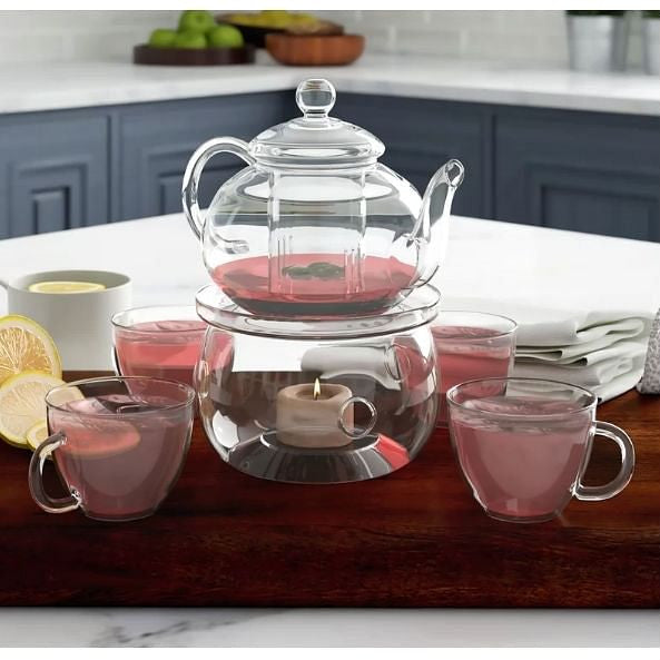 6-Piece Glass Tea Pot Set with 4 Cups Teapot Warmer and Infuser LuxuryLifeWay Online Store