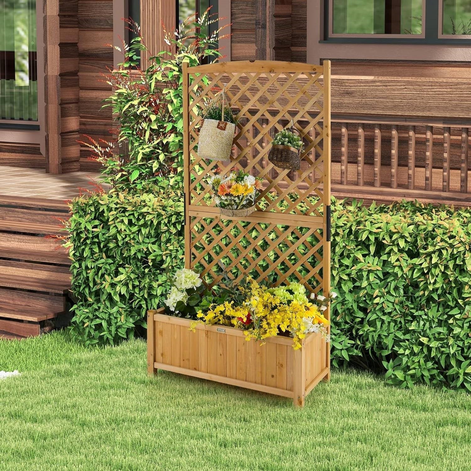 Outdoor Fir Wood Raised Garden Bed Planter Box with 71-inch High Trellis LuxuryLifeWay Online Store