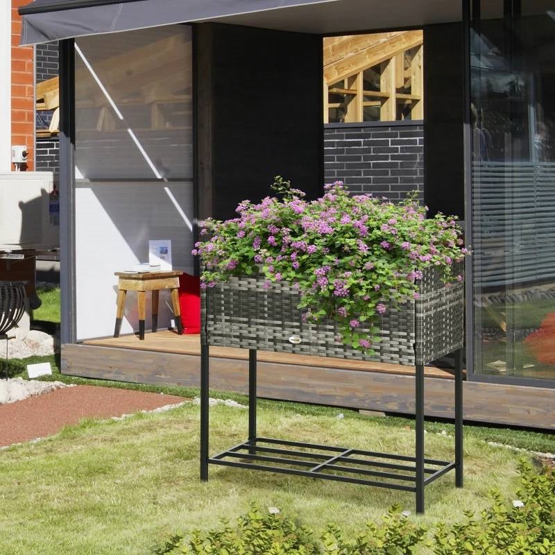 Grey Modern PE Rattan Wicker Raised Garden Bed Elevated Planter Box LuxuryLifeWay Online Store