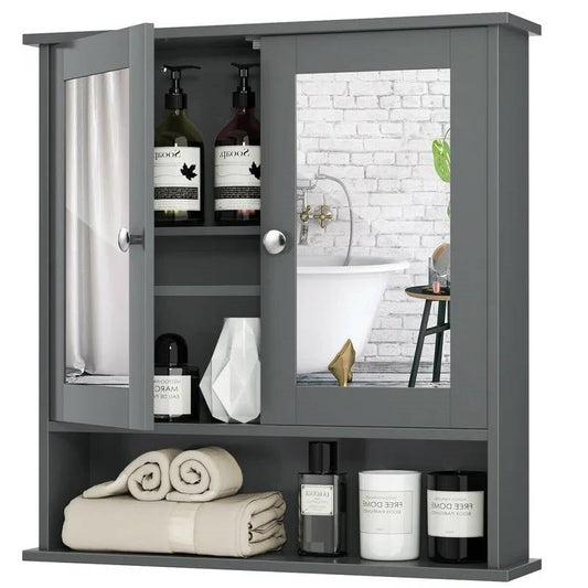 Grey Wood Bathroom Wall / Medicine Cabinet with Mirrored Doors and Shelf LuxuryLifeWay Online Store