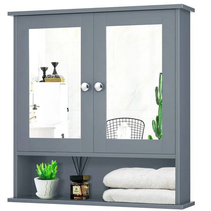 Grey Wood Bathroom Wall / Medicine Cabinet with Mirrored Doors and Shelf LuxuryLifeWay Online Store