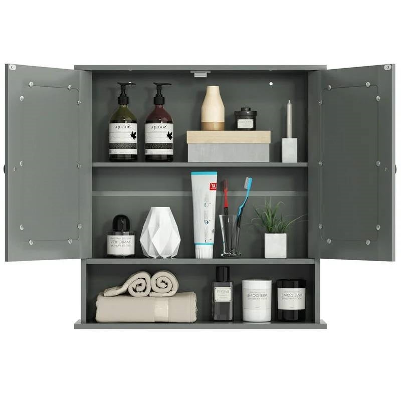 Grey Wood Bathroom Wall / Medicine Cabinet with Mirrored Doors and Shelf LuxuryLifeWay Online Store