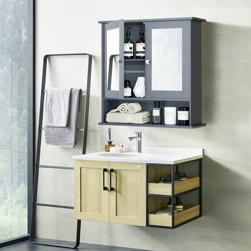 Grey Wood Bathroom Wall / Medicine Cabinet with Mirrored Doors and Shelf LuxuryLifeWay Online Store