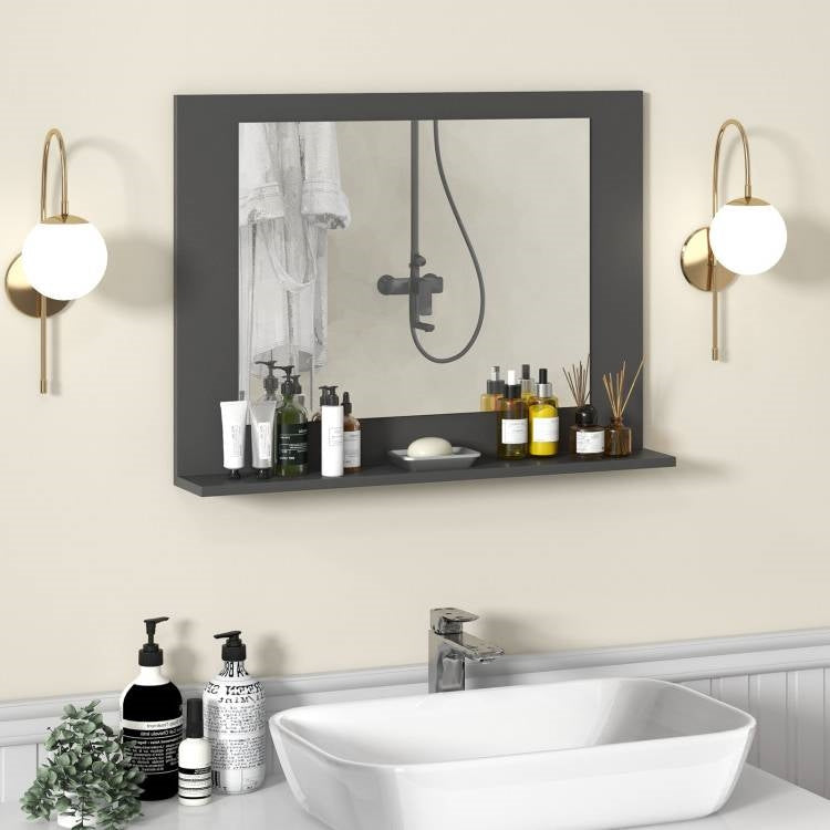 Rectangular 23 x 17 inch Bathroom Mirror with Storage Shelf in Grey Wood Finish LuxuryLifeWay Online Store