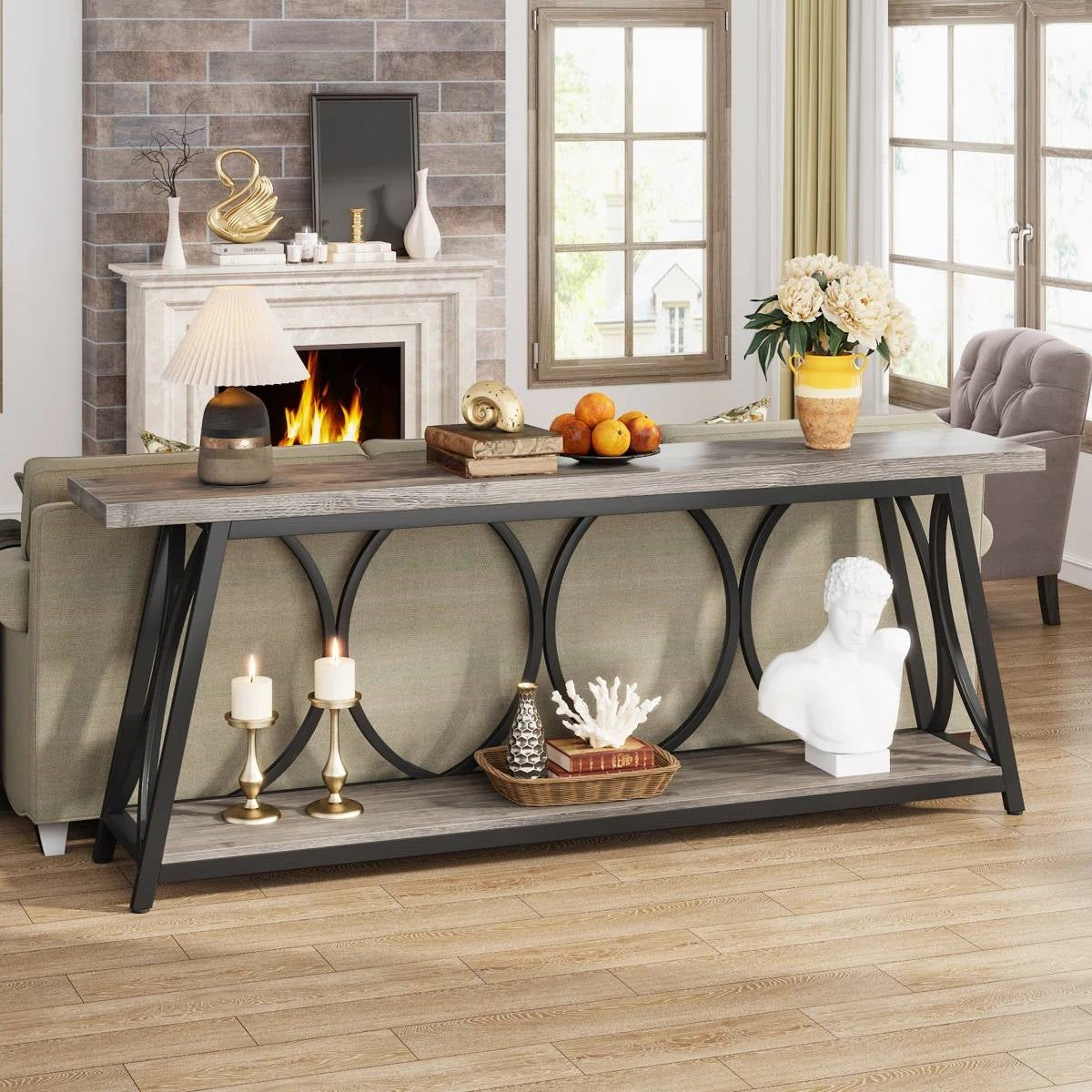 Industrial 70-inch Grey Wood Top Sofa Table with Heavy Duty Black Metal Frame LuxuryLifeWay Online Store