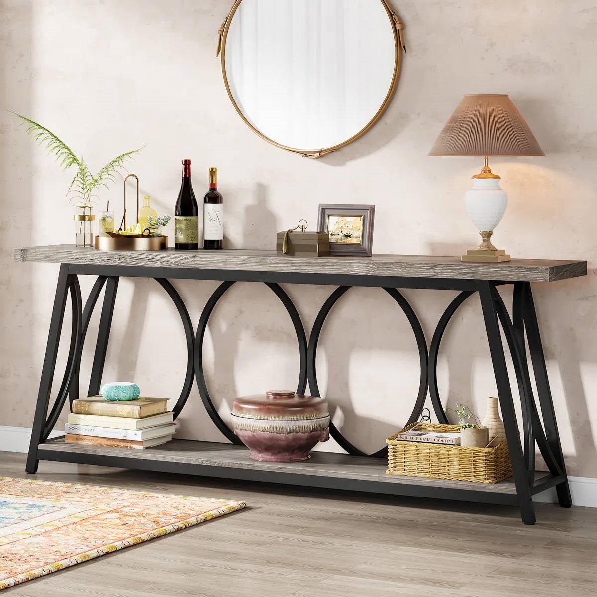 Industrial 70-inch Grey Wood Top Sofa Table with Heavy Duty Black Metal Frame LuxuryLifeWay Online Store
