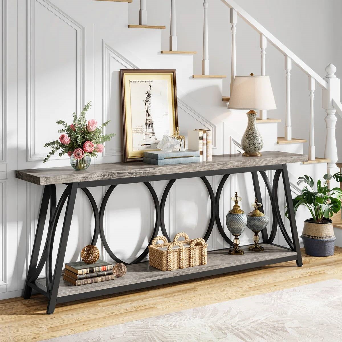 Industrial 70-inch Grey Wood Top Sofa Table with Heavy Duty Black Metal Frame LuxuryLifeWay Online Store
