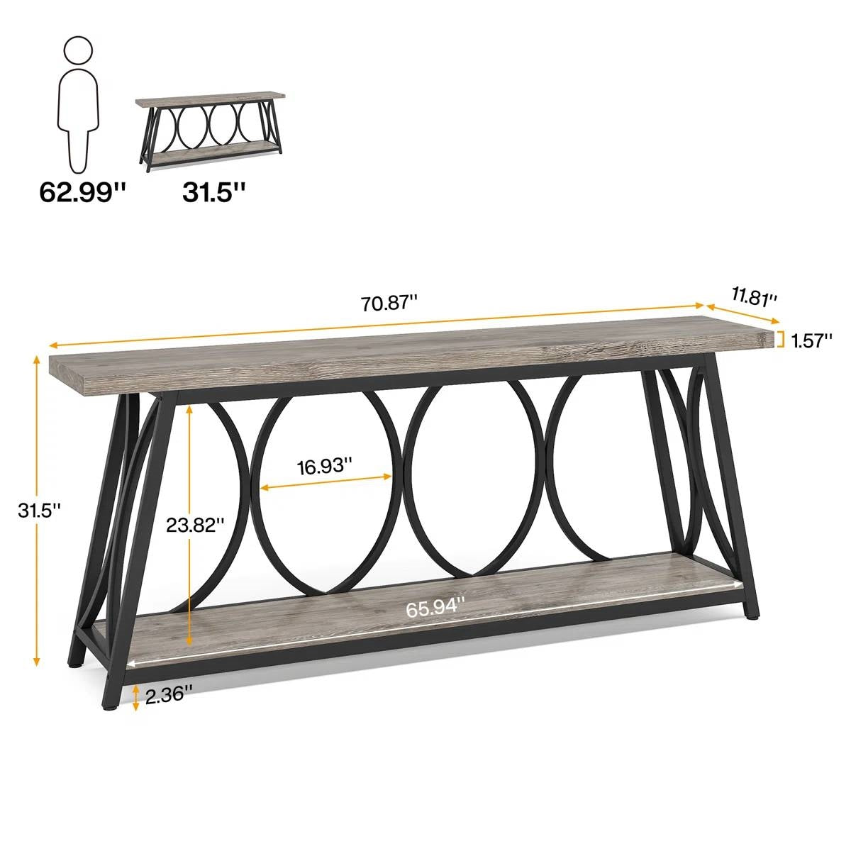 Industrial 70-inch Grey Wood Top Sofa Table with Heavy Duty Black Metal Frame LuxuryLifeWay Online Store