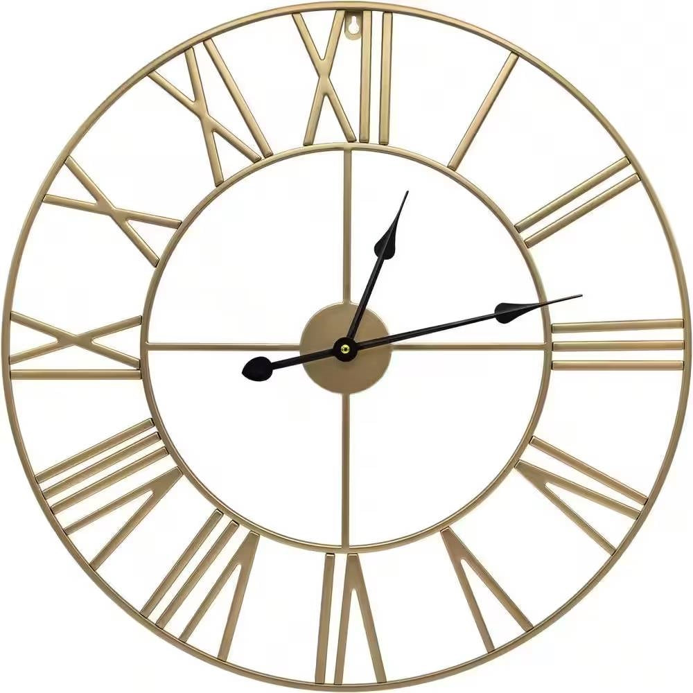 Round 24-inch Decorative Gold Metal Wall Clock Roman Numerals and Black Hands LuxuryLifeWay Online Store