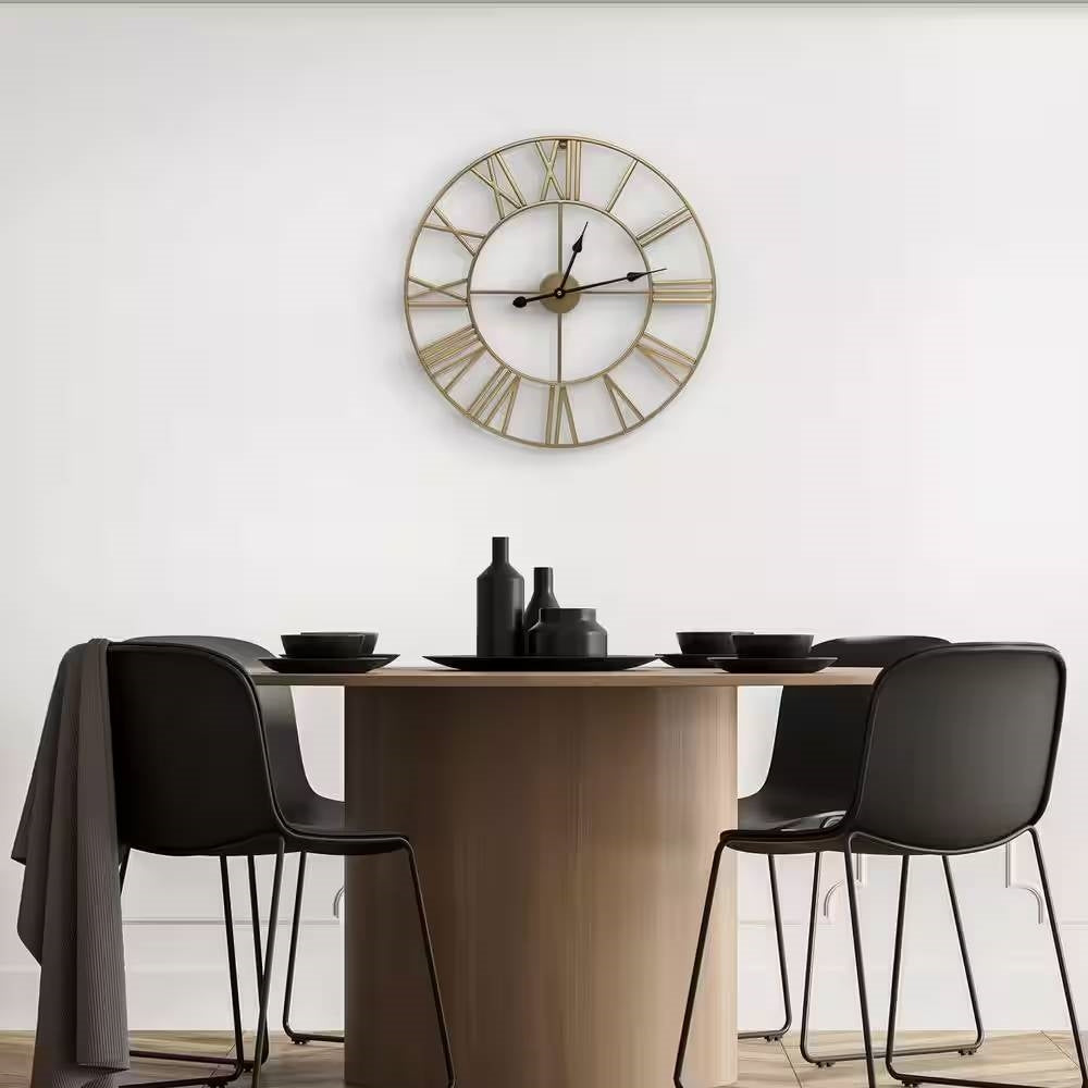 Round 24-inch Decorative Gold Metal Wall Clock Roman Numerals and Black Hands LuxuryLifeWay Online Store