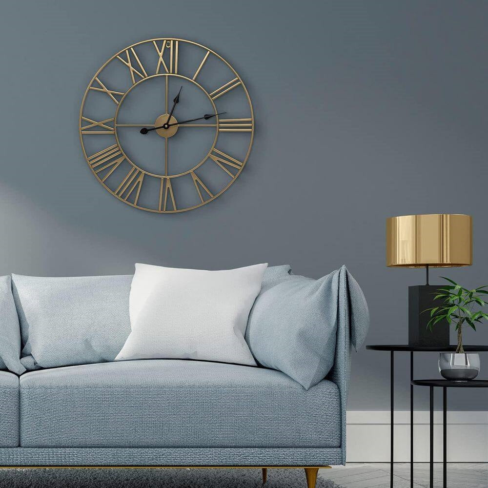 Round 24-inch Decorative Gold Metal Wall Clock Roman Numerals and Black Hands LuxuryLifeWay Online Store