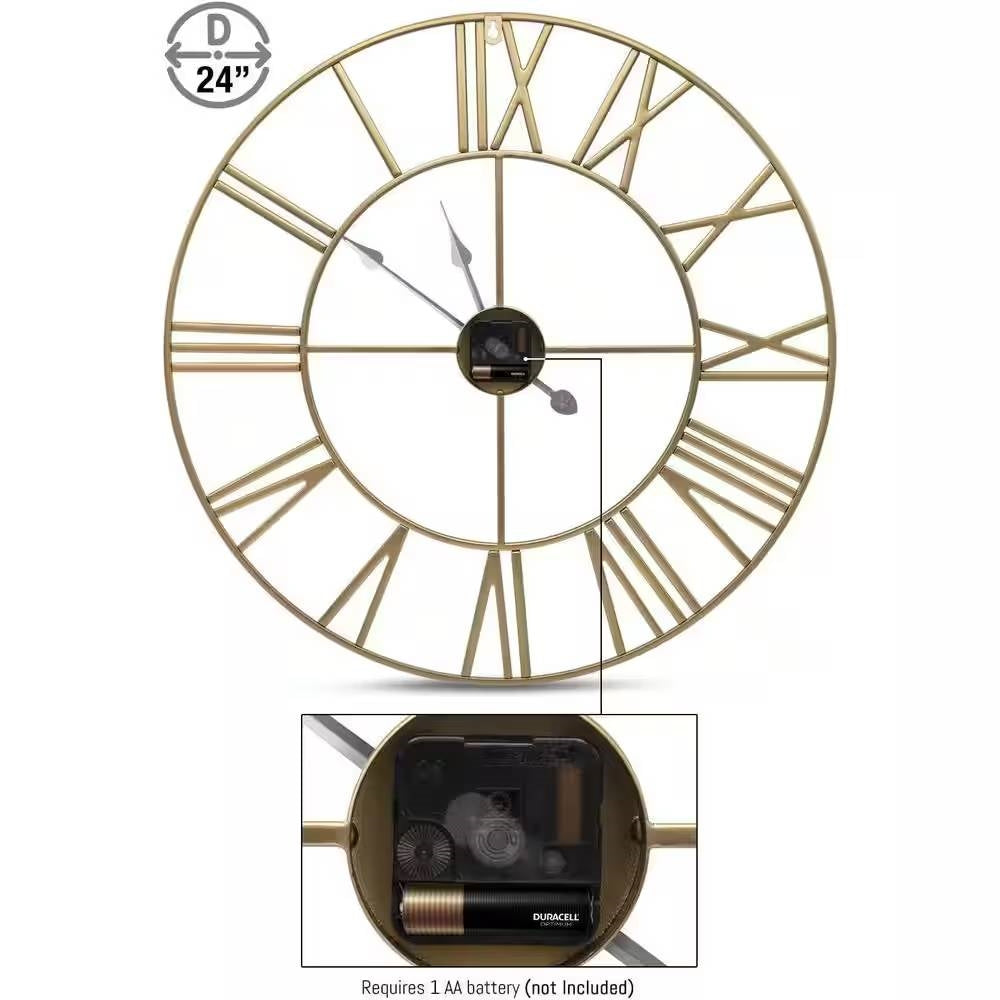 Round 24-inch Decorative Gold Metal Wall Clock Roman Numerals and Black Hands LuxuryLifeWay Online Store
