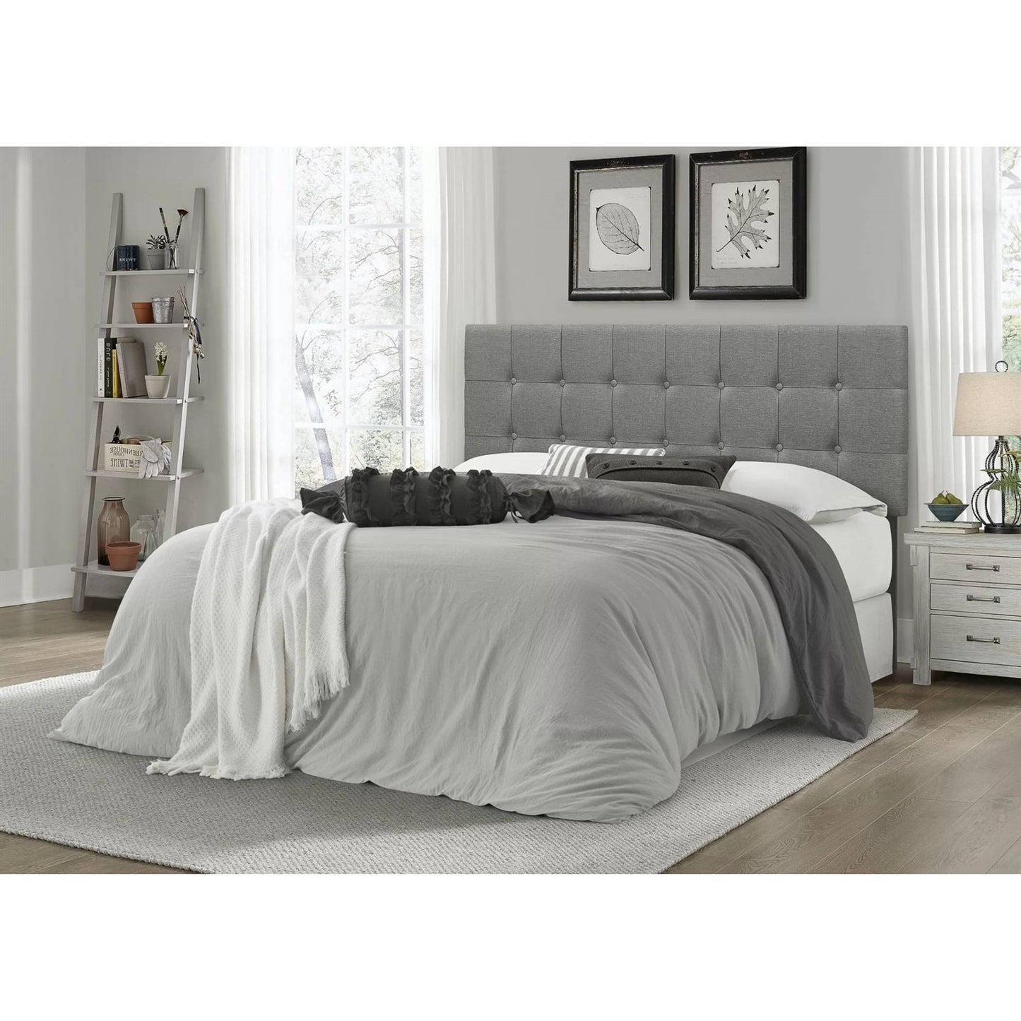 King size Mid-Century Style Button-Tufted Headboard in Grey Upholstered Fabric LuxuryLifeWay Online Store