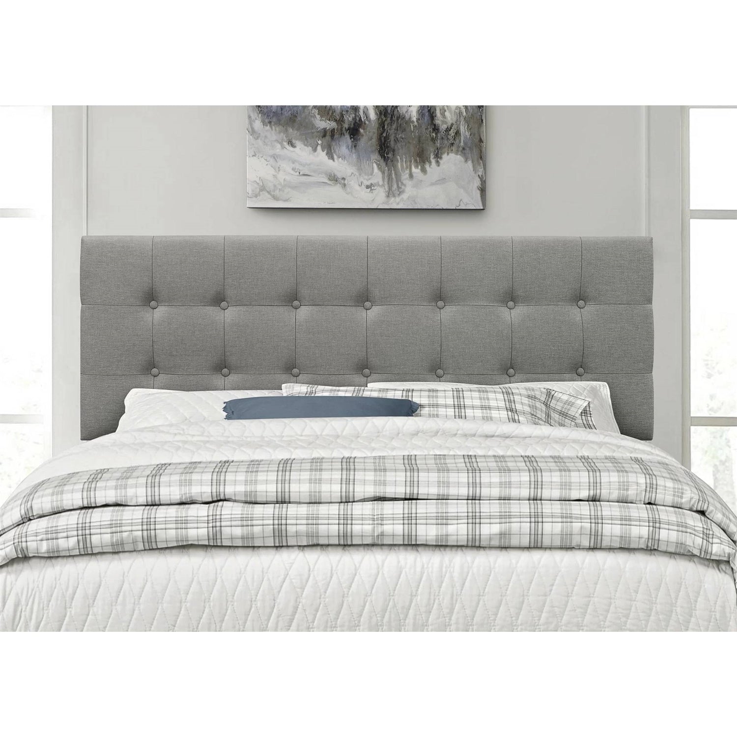 King size Mid-Century Style Button-Tufted Headboard in Grey Upholstered Fabric LuxuryLifeWay Online Store