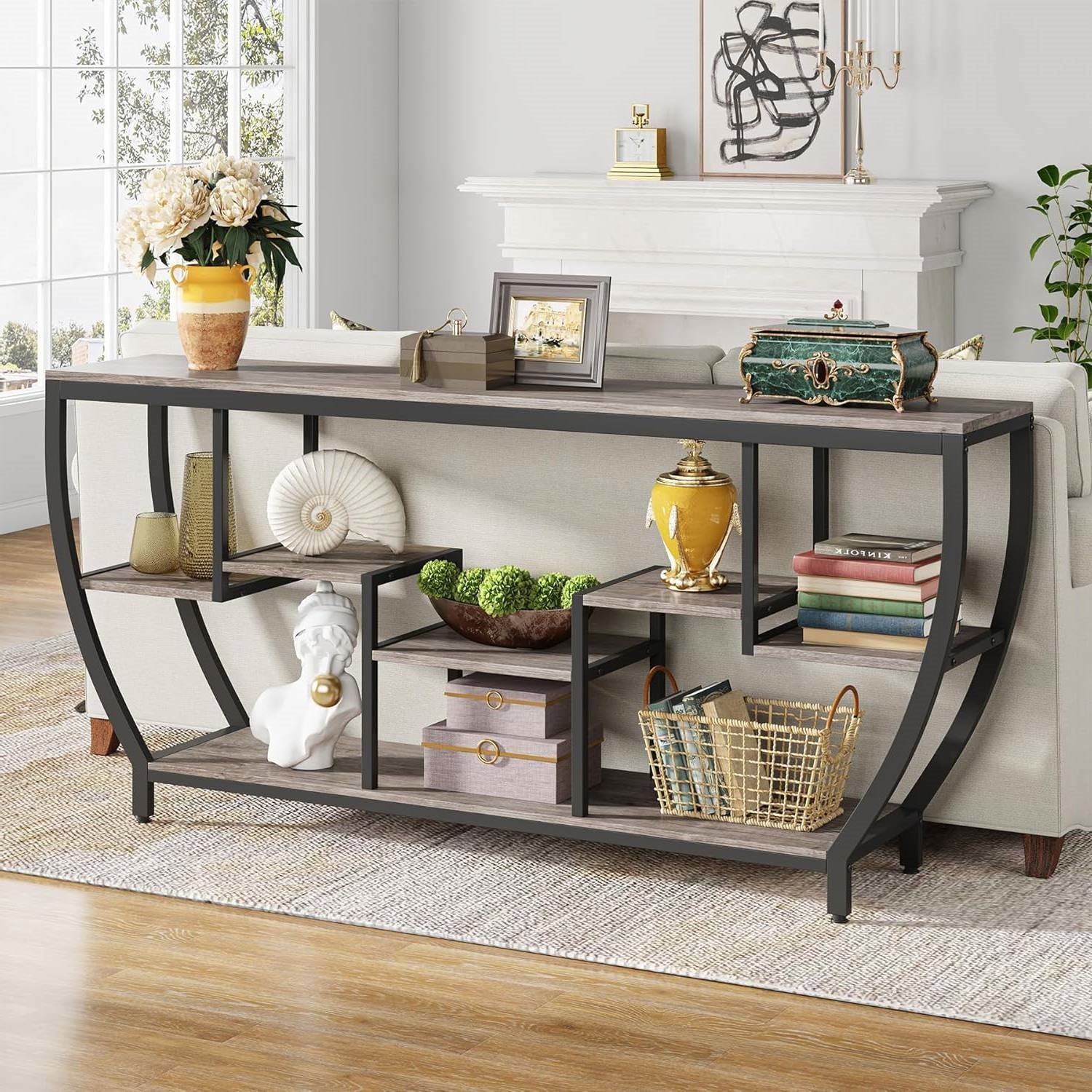 Industrial Chic 70-inch Long Narrow Console Sofa Table with Gray Wood Shelves LuxuryLifeWay Online Store