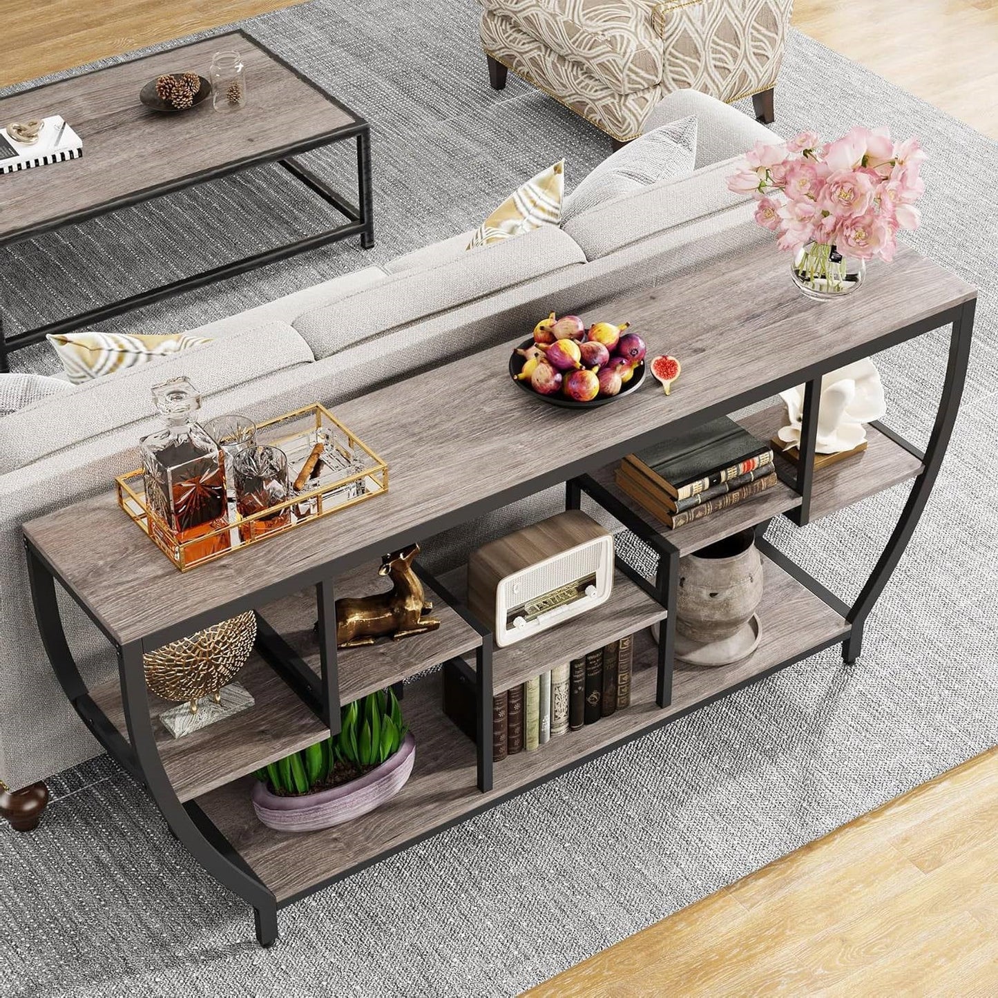 Industrial Chic 70-inch Long Narrow Console Sofa Table with Gray Wood Shelves LuxuryLifeWay Online Store