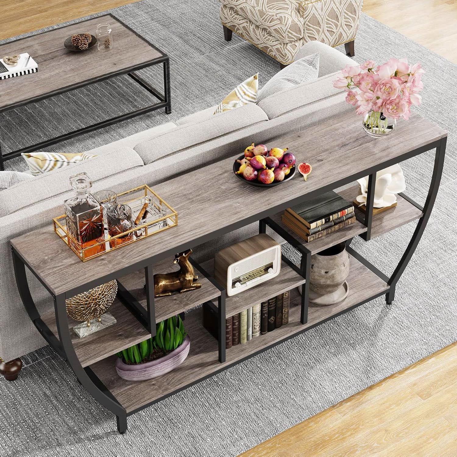 Industrial Chic 70-inch Long Narrow Console Sofa Table with Gray Wood Shelves LuxuryLifeWay Online Store