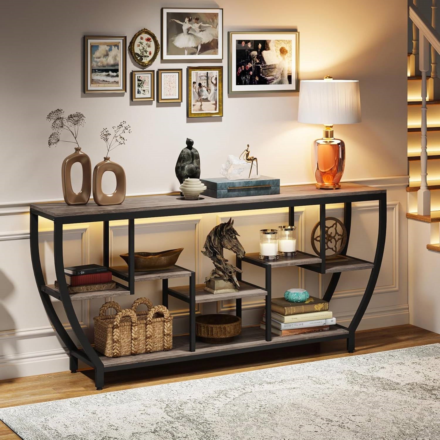Industrial Chic 70-inch Long Narrow Console Sofa Table with Gray Wood Shelves LuxuryLifeWay Online Store