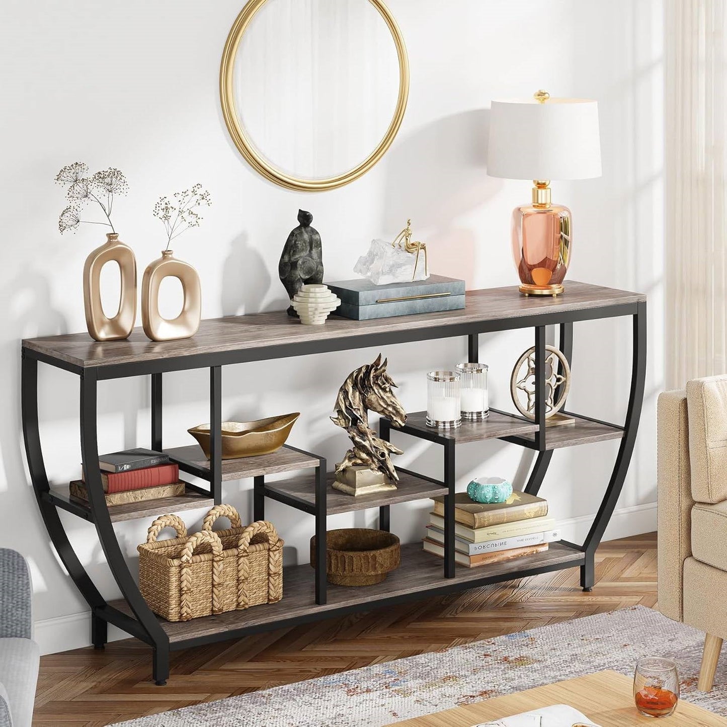 Industrial Chic 70-inch Long Narrow Console Sofa Table with Gray Wood Shelves LuxuryLifeWay Online Store