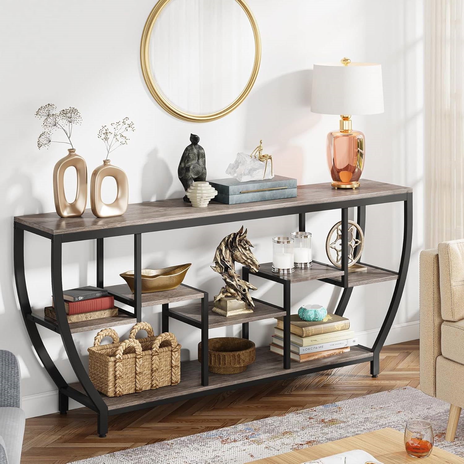 Industrial Chic 70-inch Long Narrow Console Sofa Table with Gray Wood Shelves LuxuryLifeWay Online Store