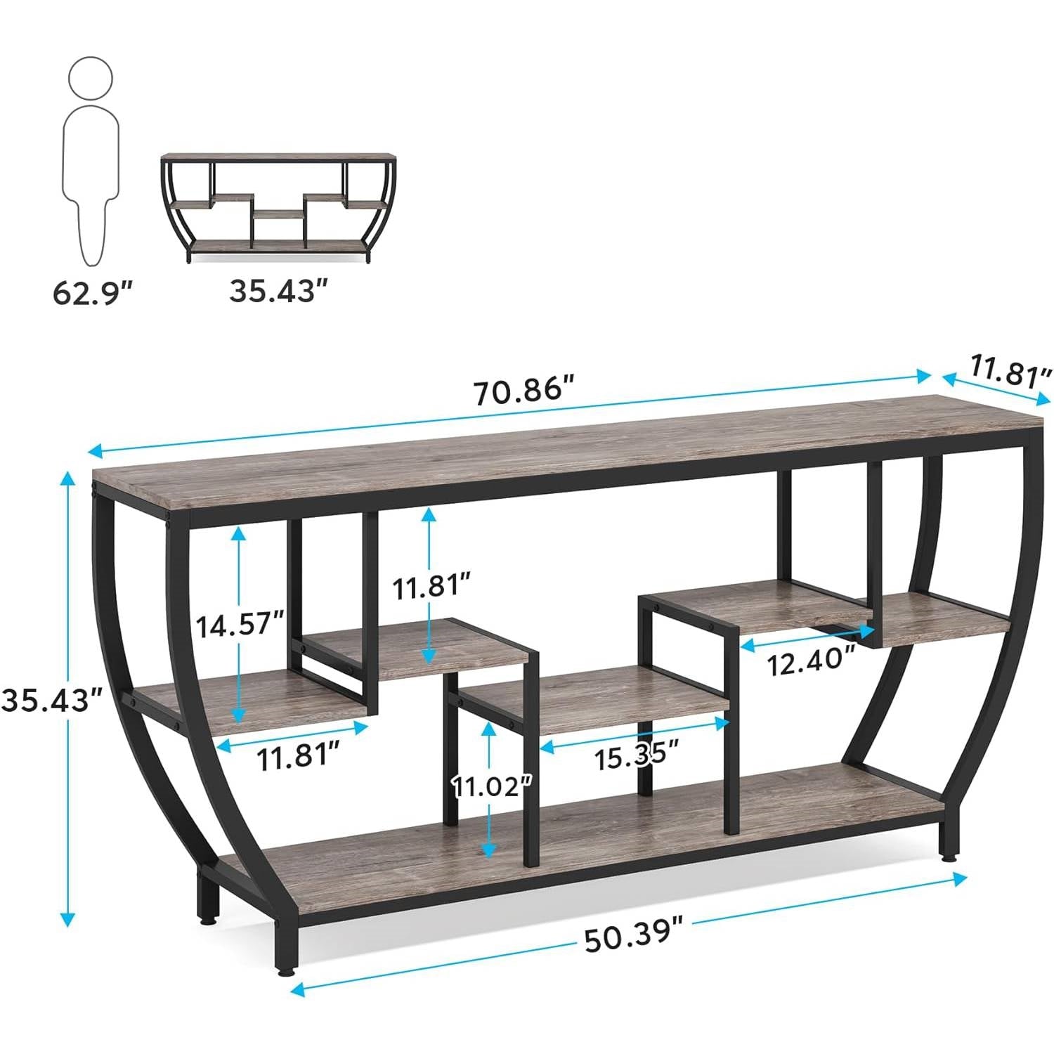 Industrial Chic 70-inch Long Narrow Console Sofa Table with Gray Wood Shelves LuxuryLifeWay Online Store